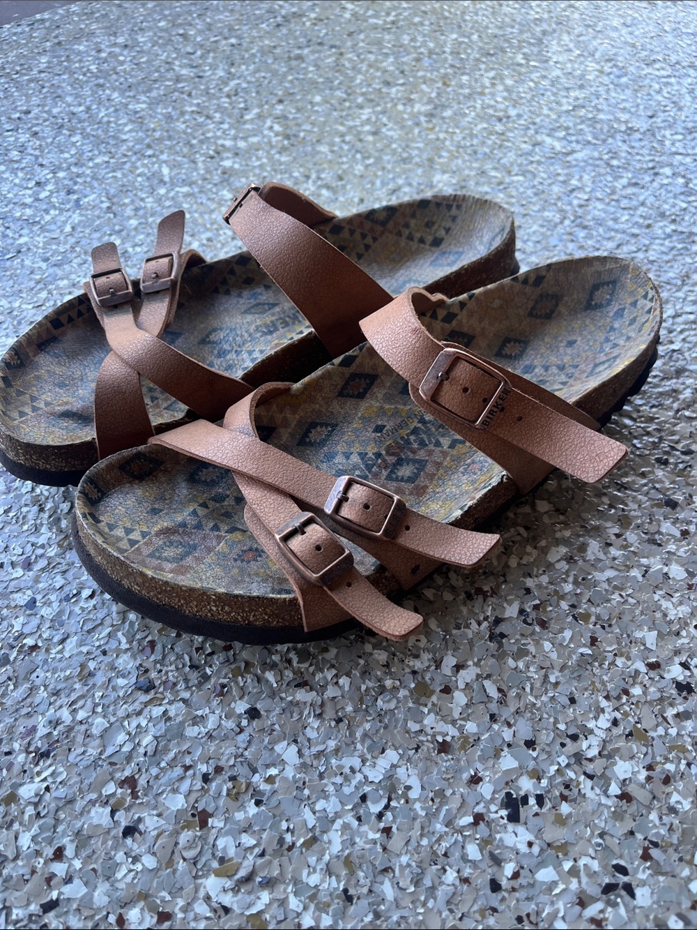 Birkenstock Brown Leather Strappy Sandals with Patterned Footbed - Picture 4 of 8